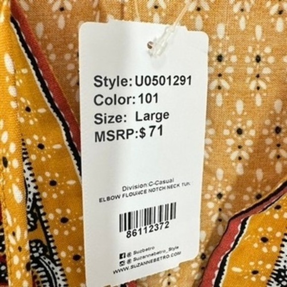 Weekend Suzanne Betro Boho Tunic Top Size L Elbow Flounce‎ Notch Neck Casual NWT - Picture 5 of 10